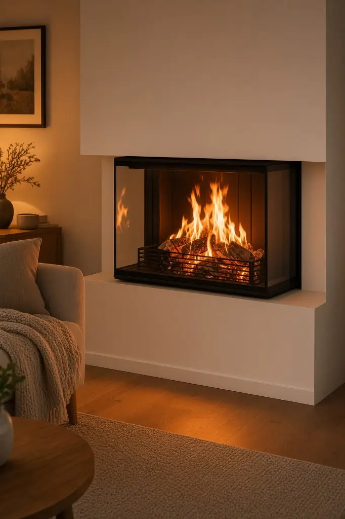 Tresidig peisinnsats i hvit vegg i moderne stue med sofa og levende flammer