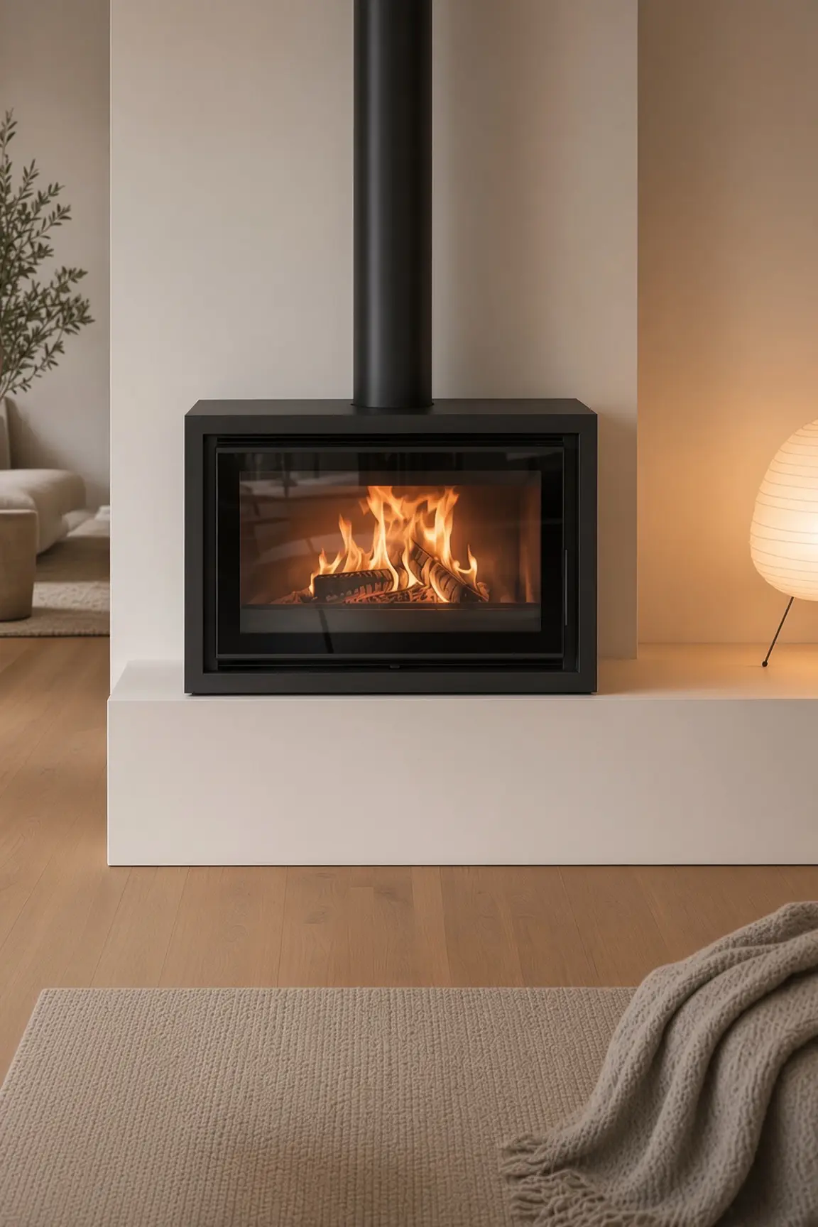 Sort peisovn med synlige flammer i lys stue med papirlampe og strikketeppe
